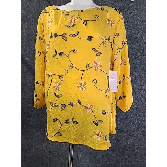NWT Ana & Rose Women's Boho Blouse Plus XL Yellow Floral Embroidered Peasant - Picture 1 of 9